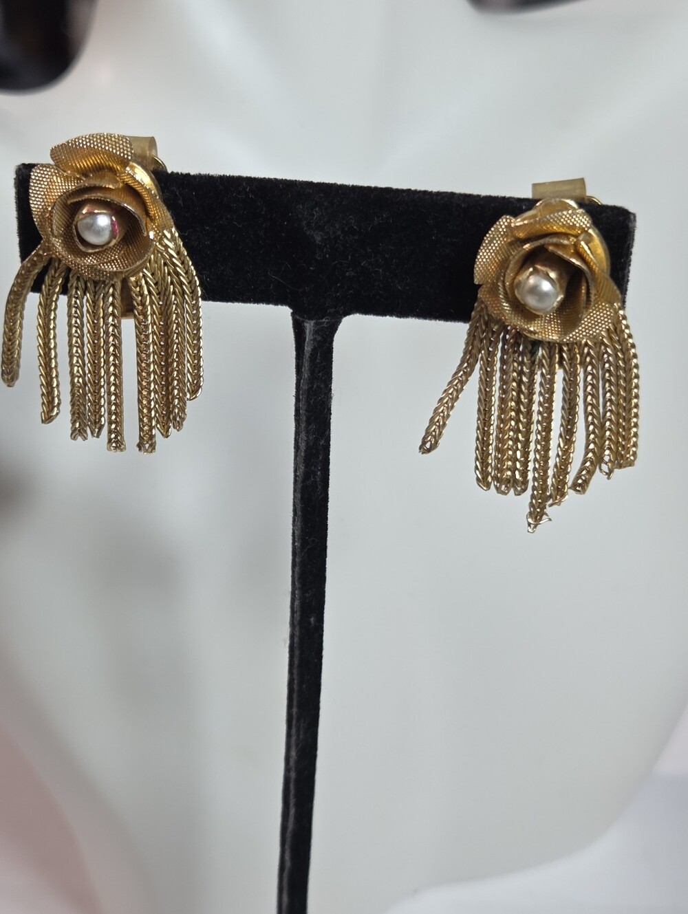 vintage HOBE gold tone fringe clip earrings faux pearl mesh flower rosette